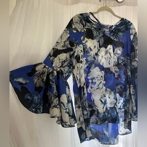 Cato Est Women’s Blouse Size 14/16 Long Sleeve Flare Bell Ruffle Blue Feminine